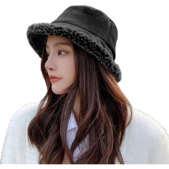 Women\'s Winter Fluffy Bucket Hat with Faux Fur Reversible Cap,  Black
